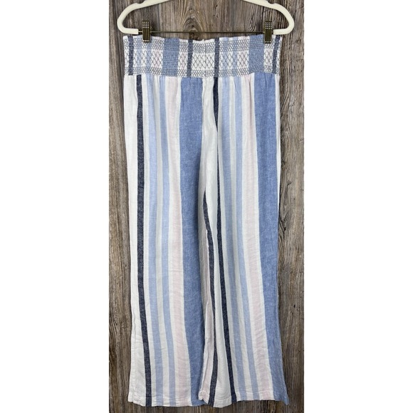 Indigo Rein Linen Blend Striped Wide Leg Pants Elastic Waist Pull-On Size L - Picture 3 of 11